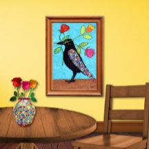 Millefiori Crow met Colorful Rozen Folk Art