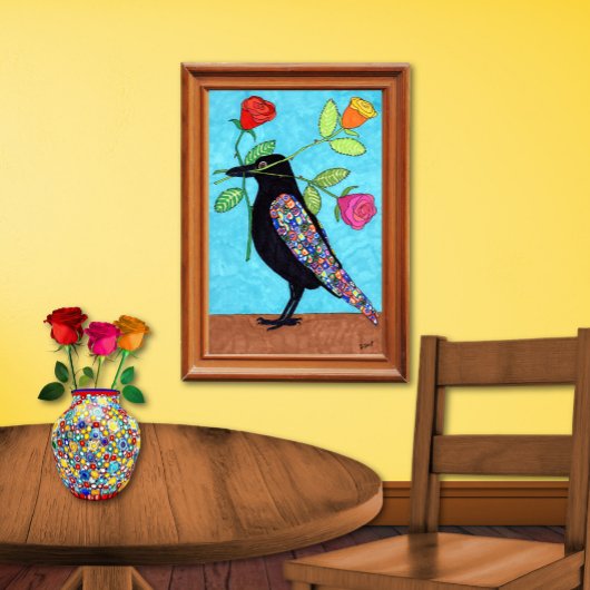 Millefiori Crow met Colorful Rozen Folk Art Poster