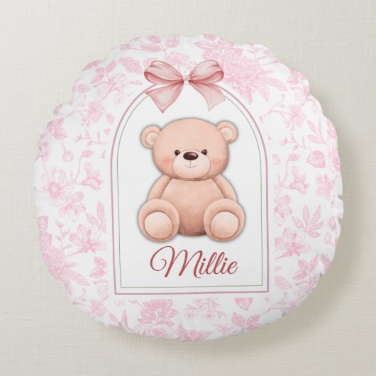 Millie | Aangepaste Roze Teddybeer Nursery Design Rond Kussen (Voorkant)