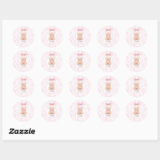 Millie | Aangepaste Roze Teddybeer Nursery Design Ronde Sticker (Vel)