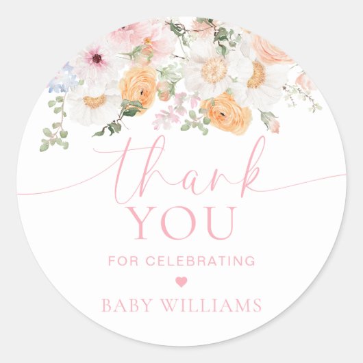 Millie Floral Baby shower Dank je wel Favor Ronde Sticker (Voorkant)