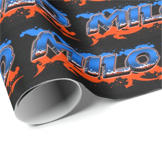 Milo Vorname Name Graffiti blue orange Cadeaupapier (Rol Hoek)