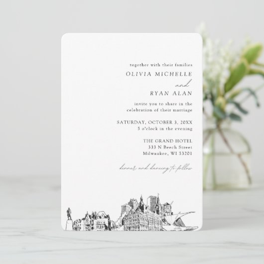Milwaukee bruiloft elegante skyline uitnodiging (Staand voorkant)
