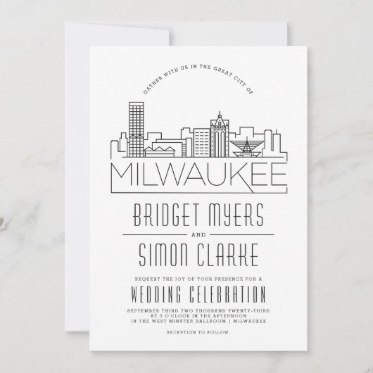Milwaukee bruiloft | Gestileerde Skyline uitnodigi Kaart (Voorkant)