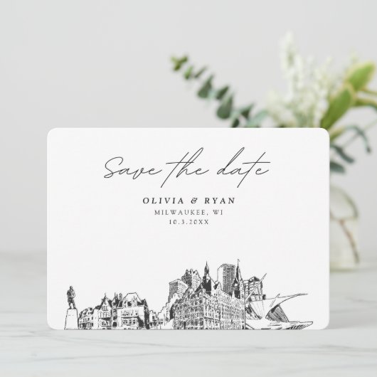 Milwaukee Bruiloft Modern Save the Date Kaart (Staand voorkant)