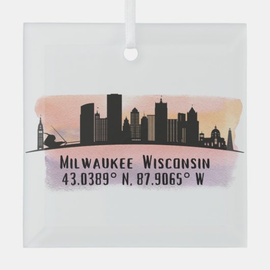 Milwaukee City Skyline Latitude en Longitude Glas Ornament (Voorkant)