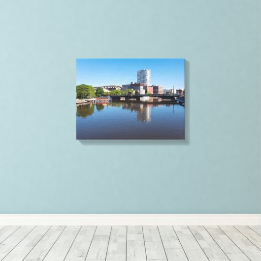 Milwaukee River Front en State Street Bridge Canvas Afdruk (Insitu (Houten vloer))