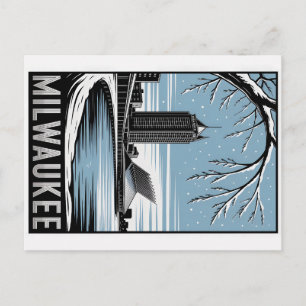 Milwaukee Silhouet Zwart en Wit Houtsnede Winter Briefkaart