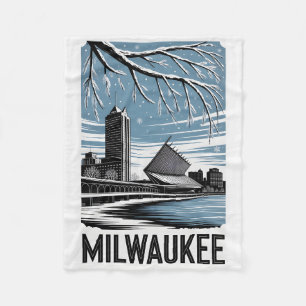 Milwaukee Silhouet Zwart en Wit Houtsnede Winter Fleece Deken
