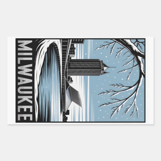 Milwaukee Skyline Black and White Woodcut Winter Rechthoekige Sticker (Voorkant)