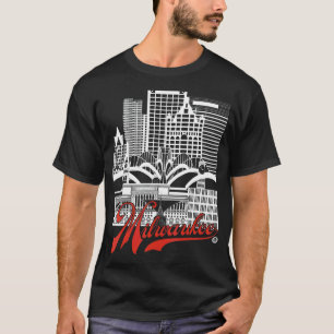 Milwaukee skyline vierkant wit + rood op zwart t-shirt