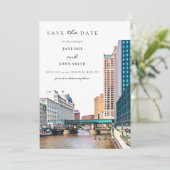 Milwaukee Skyline vlak Save the Date Kaart (Staand voorkant)