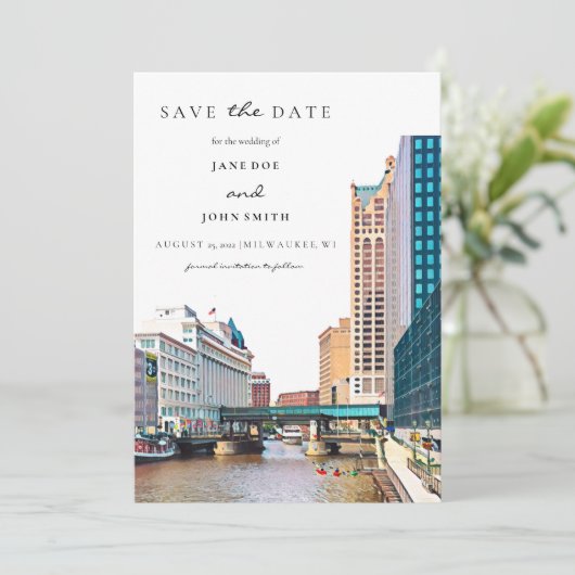 Milwaukee Skyline vlak Save the Date Kaart (Staand voorkant)