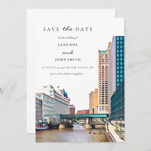 Milwaukee Skyline vlak Save the Date Kaart (Voorkant / Achterkant)