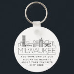 Milwaukee Stylized Skyline | Aangepaste slogan Sleutelhanger<br><div class="desc">Een unieke sleutelketen die de prachtige stad Milwaukee in Minnesota vertegenwoordigt. Deze sleutelhanger bevat een gestileerde illustratie van de unieke skyline van de stad met de naam eronder. Onder de stadsnaam bevindt zich een plek voor je unieke slogan of verklaring over je favoriete stad.</div>