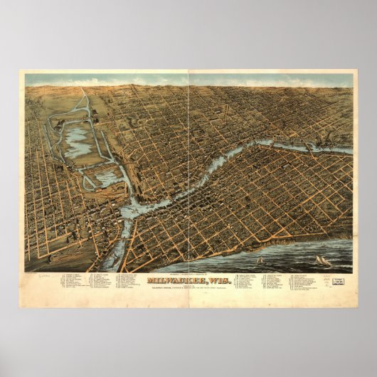Milwaukee WI 1872 Antiek Panoramische Kaart Poster (Voorkant)