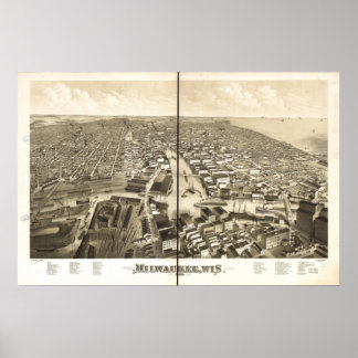 Milwaukee WI 1879 Antiek Panoramische Kaart Poster