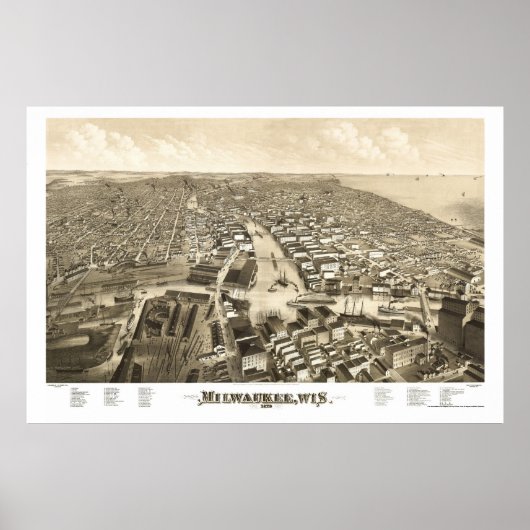 Milwaukee, WI Panoramic Map - 1879 Poster (Voorkant)