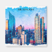 Milwaukee Wisconsin Waterverf Cityscape Reizen Magneet (Voorkant)