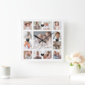 Mimi Script Family Memory Photo Grid Collage Vierkante Klok (Huis)