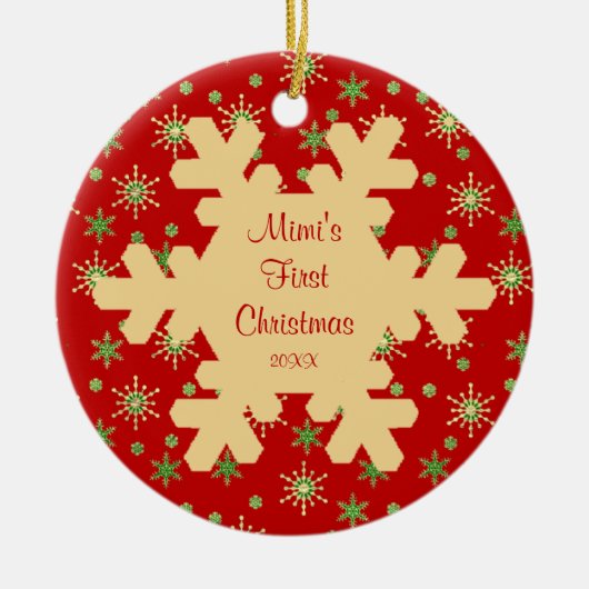 Mimi's eerste kerstfeest-rood-snowflake-ornament keramisch ornament (Voorkant)