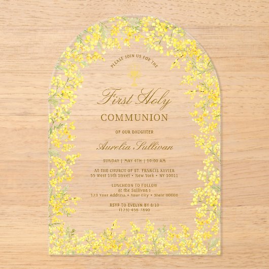 Mimosa Arch Eerste Communie Acryl Uitnodigingen (Voorkant)