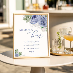 Mimosa Bar, Blauw en Zilver Bloemen Baby shower Poster