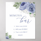 Mimosa Bar, Blauw en Zilver Bloemen Baby shower Poster (Voorkant)