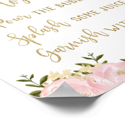 Mimosa Bar Bord Blozend Roze Goud Bloem Bruiloft Poster (Hoek)