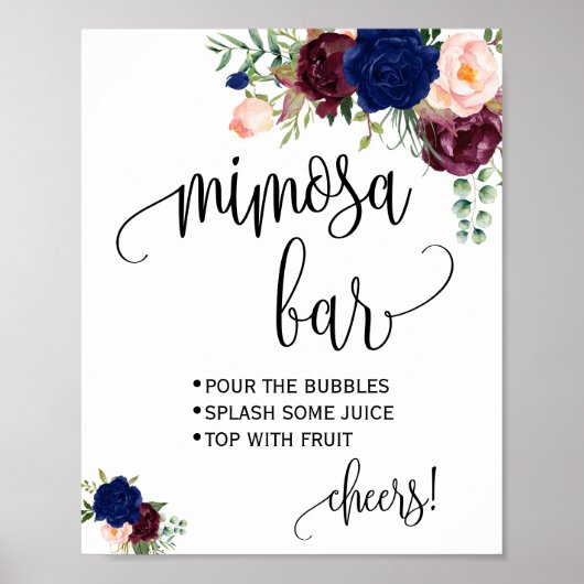 Mimosa bar bord bruiloft bruidsfeest navy marsala poster (Voorkant)