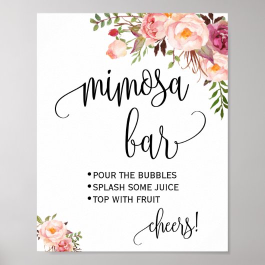 Mimosa bar bord bruiloft bruidsfeest roze bloemen poster (Voorkant)
