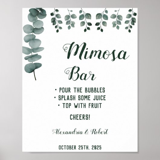 Mimosa Bar Groene Bruiloftsschild Eucalyptus Poster (Voorkant)