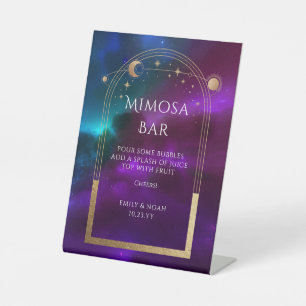 Mimosa Bar Kosmische Paarse Zon Maan Sterren Reclamebord Met Voetstuk