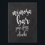 Mimosa Bar Krijtbord Betaalbaar Trouwbord Kaart<br><div class="desc">Een elegant trouwbord met snijrand,  met de tekst "mimosa bar,  pop,  fizz,  clink!" in een uitbundig scriptlettertype,  de borstelstructuur voegt een spontane en speelse sfeer toe. De achtergrondkleur kan worden aangepast aan uw behoeften en voorkeuren,  neem contact met me op als u speciale wensen heeft.</div>