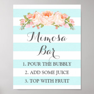 Mimosa Bar Sign Blue Flowers Stripes Poster
