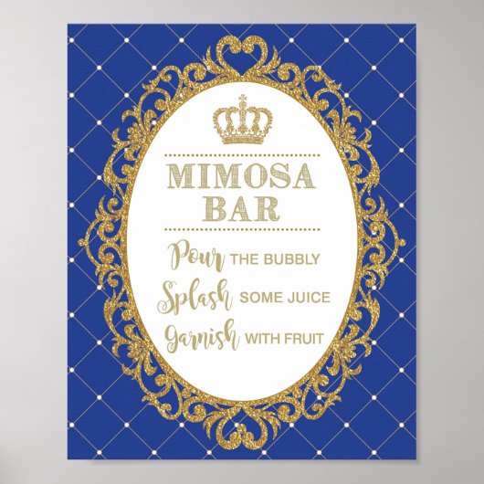 Mimosa Bar Sign Royal Blue Gold Prince Baby shower Poster (Voorkant)