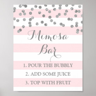 Mimosa Bar Sign Roze Stripes Silver Confetti Poster