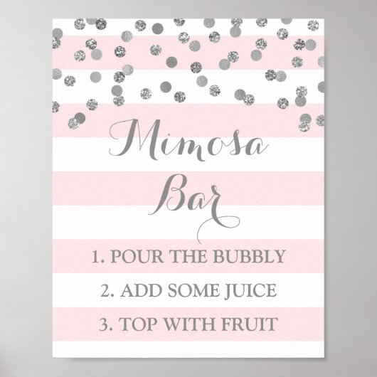 Mimosa Bar Sign Roze Stripes Silver Confetti Poster (Voorkant)