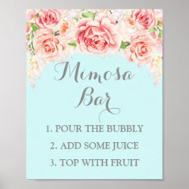 Mimosa Bar Sign Roze Waterverf Flowers Blue Poster