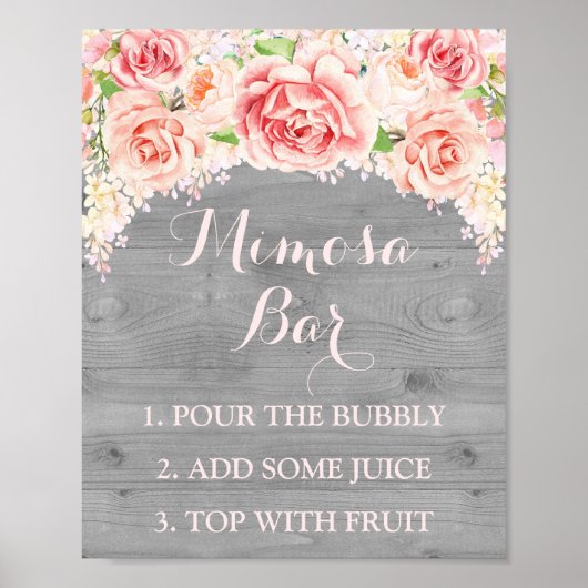 Mimosa Bar Sign Roze Waterverf Flowers Wood Poster (Voorkant)