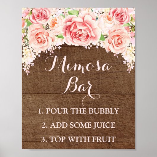 Mimosa Bar Sign Roze Waterverf Flowers Wood Poster (Voorkant)