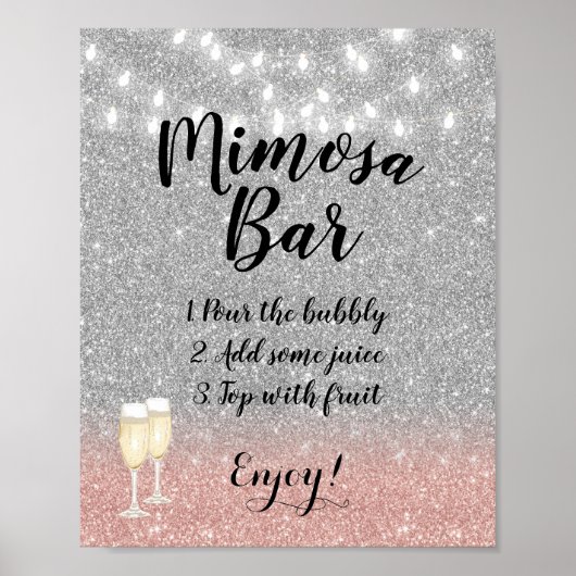 Mimosa Bar-teken | Modern Silver Roos Gold Glitter Poster (Voorkant)