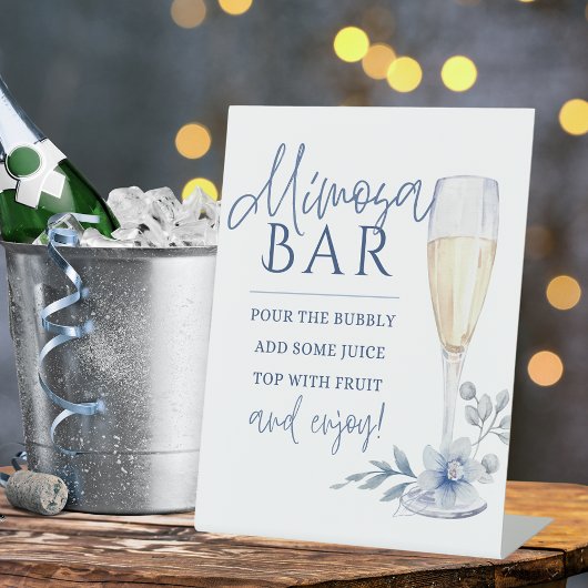 Mimosa Bar Waterverf Blauwe Bloemen Champagne Reclamebord Met Voetstuk