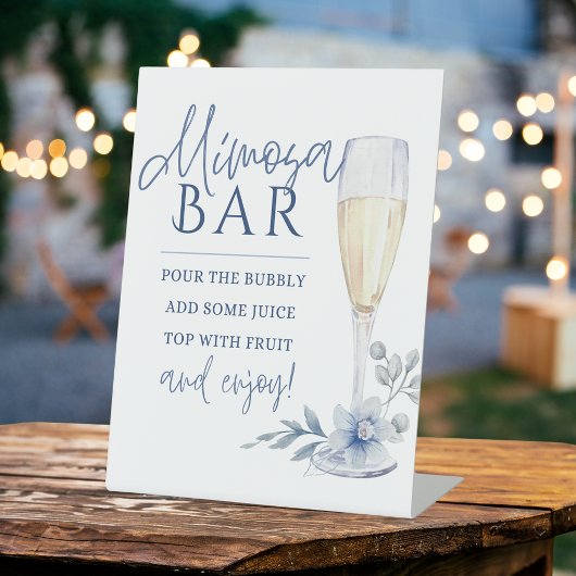 Mimosa Bar Waterverf Blauwe Bloemen Champagne Reclamebord Met Voetstuk