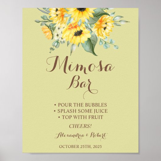 Mimosa Bar Zonnebloemen Groene Huwelijksbord Poster (Voorkant)