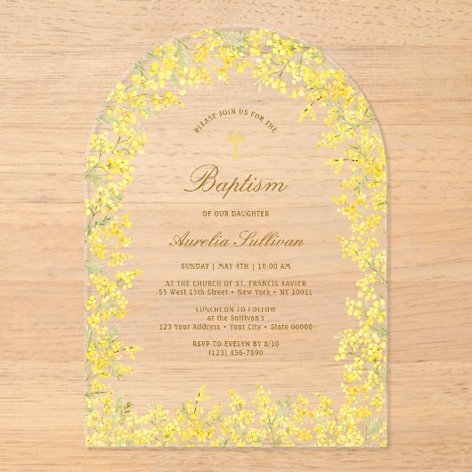 Mimosa-boogdoop Acryl Uitnodigingen (Voorkant)