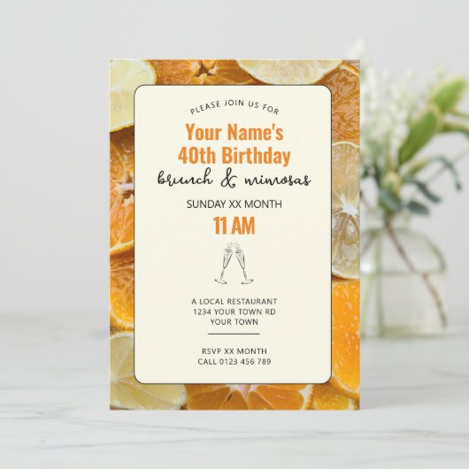 Mimosa Citrus Verjaardag Brunch Uitnodiging (Staand voorkant)