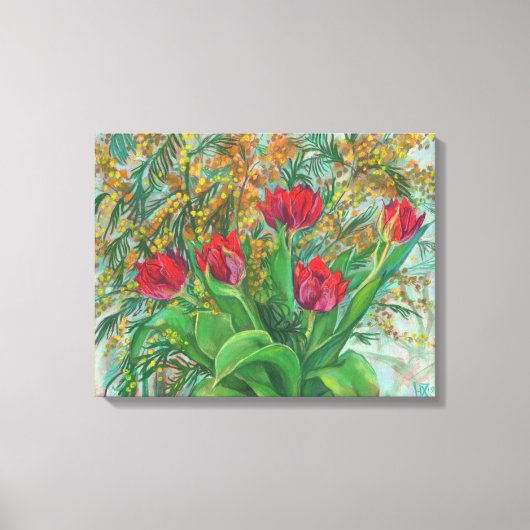 Mimosa en Tulpen, lentbloemen, houtverf Canvas Afdruk (Voorkant)