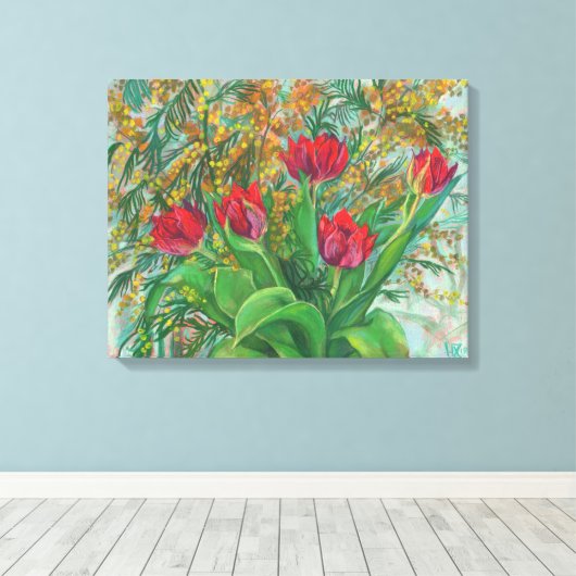 Mimosa en Tulpen, lentbloemen, houtverf Canvas Afdruk (Insitu (Houten vloer))
