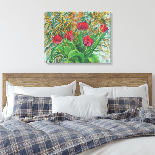 Mimosa en Tulpen, lentbloemen, houtverf Canvas Afdruk (Insitu (Slaapkamer))